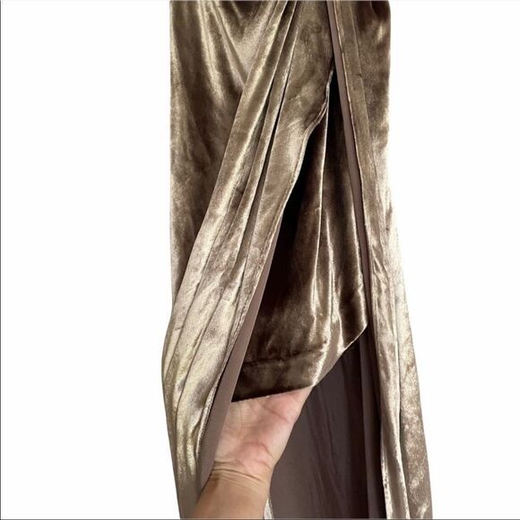 MICHELLE MASON Silk Velvet Asymmetrical Gown Midi Dress Gold 2 - Picture 8 of 15